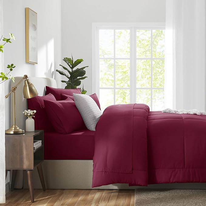 CozyLux Full Size Comforter Sets Burgundy, 7 Pieces Bed in a Bag, Red Comforter Full Size, All Season Bedding Sets with Stitch Quilted Comforter, Flat Sheet, Fitted Sheet, Pillowcases