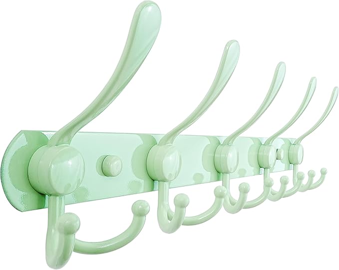 Dseap Coat Rack Wall Mounted - 5 Tri Hooks, Heavy Duty, Stainless Steel, Metal Coat Hook Rail for Coat Hat Towel Purse Robes Mudroom Bathroom Entryway, Green