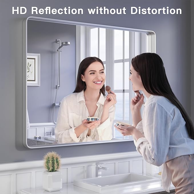 ISKM Bathroom Vanity Mirror for Wall Silver, 48 x 32 Inch Rectangular Wall Mirror with Aluminum Alloy Frame Shatter Proof, Anti-Rust (Horizontal/Vertical)