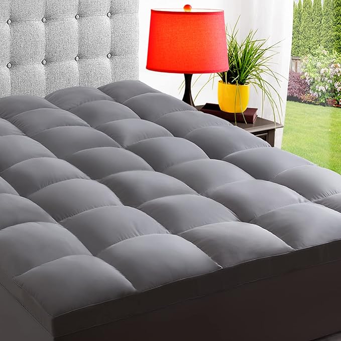 ELEMUSE RV Short Queen Grey Mattress Topper for Back Pain, Extra Thick Mattress Pad Cover, Plush Soft Pillowtop with Elastic Deep Pocket, Overfilled Down Alternative Filling