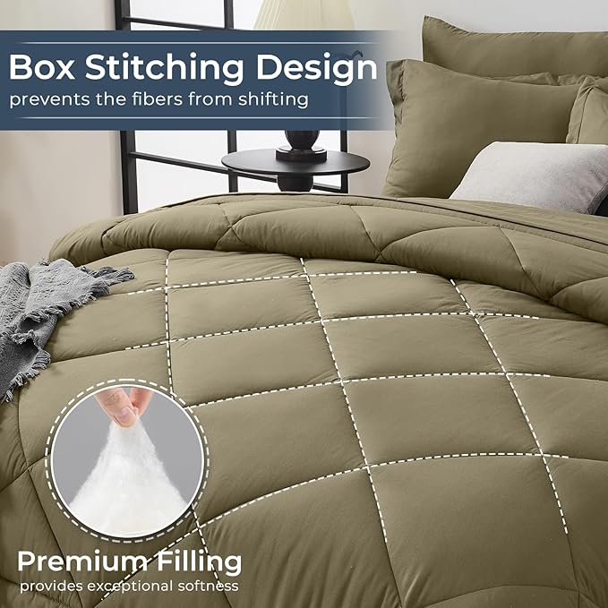 HEVUMYI Olive Green Full Comforter Set - 7-Piece All Season Bed in a Bag Full, Ultra Soft Bedding Set with Comforter, Flat Sheet, Fitted Sheet, Pillowcases, Pillow Shams, Olive Green