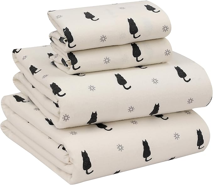RUVANTI Flannel Sheets King Size - 100% Cotton Brushed King Size Sheets Set - Deep Pockets 16 Inches Bed Sheets - All Seasons Breathable & Extra Soft - Warm & Cozy, 4 Piece, Black Cat