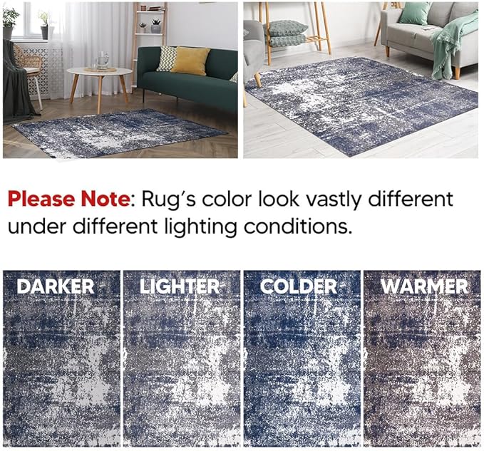 Keen Home Design Area Rugs - 8ft Round Non-Shedding, Abstract Rugs for Kitchen, Living Room, Bedroom, Dining Room, Entryway - Size: 7'10" Square, Navy/Grey/White