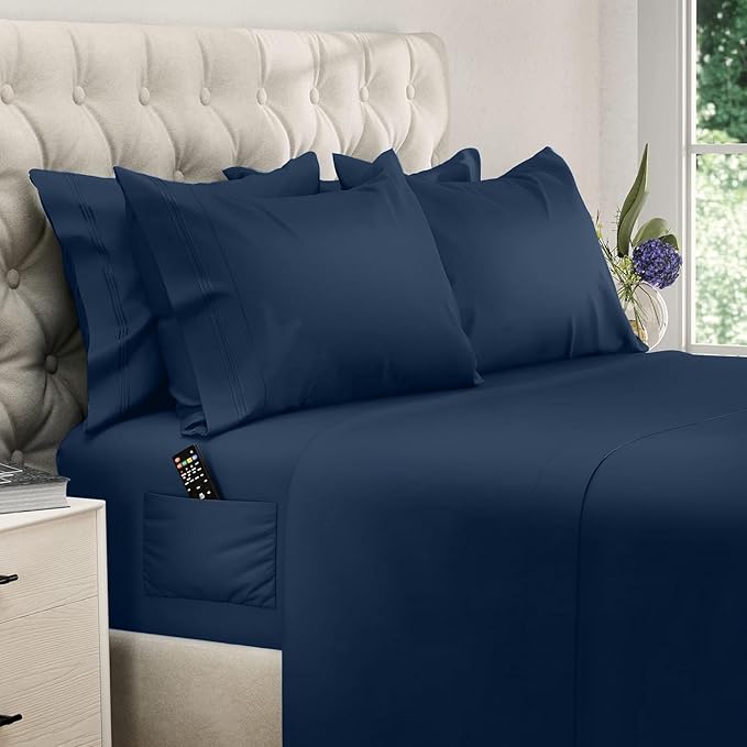 DREAMCARE Queen Sheet Set – 6 pcs Cooling Bed Sheets – up to 21” Deep Pocket Queen Sheets Set – 2500 Supreme Collection – Extra Soft 100% Brushed Microfiber Hotel Luxury with Side Pocket – N Blue
