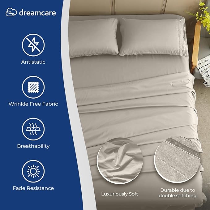 DREAMCARE Twin XL Sheet Set - Cooling Bed Sheets - 4pc Set - up to 15" Deep Pocket - Soft & Long Lasting 100% Fine Brushed Polyester with Side Pocket - Ivory