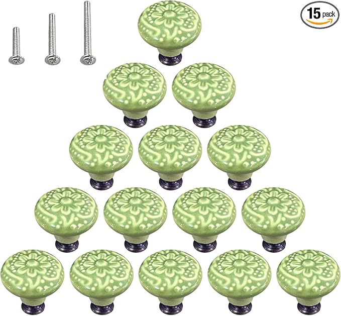 HUAMULAN 15 PCS Cabinet Knobs Glossy Ceramic Dresser Mushroom Table Drawer Cupboard Pull Furniture DIY Wardrobe Solid Color Vintage Handle,with 3 Size Mounting Screws