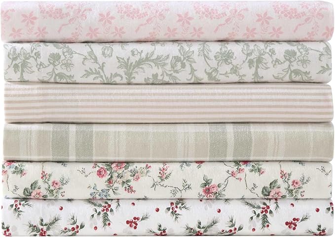 Laura Ashley - Flannel Sheets Twin Size, Anti-Pilling & Wrinkle Resistant Cotton, Touchably Soft for All-Season Comfort - Bed Sheets with Matching Pillowcase & Fitted Sheet (Antoinette Pink)