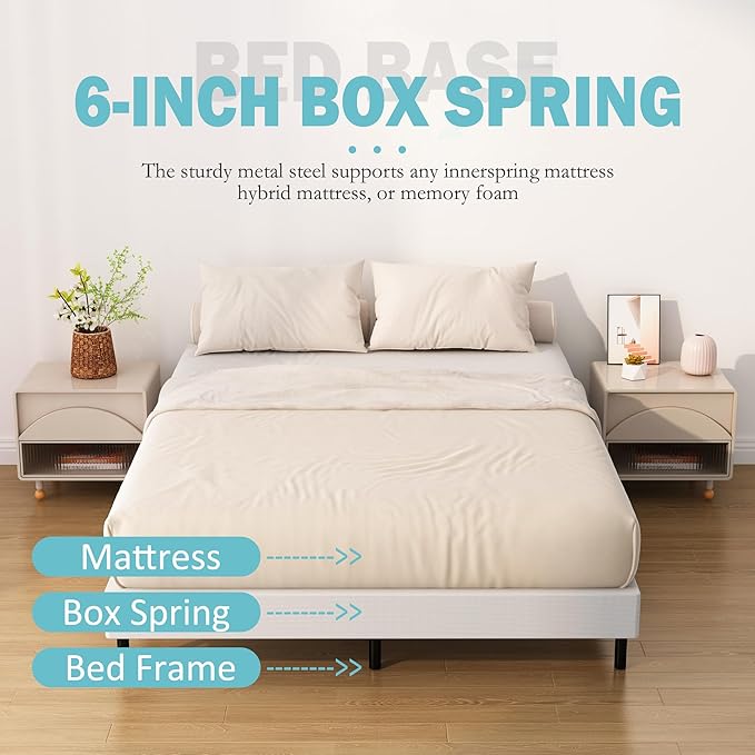Box Spring for Queen Bed Bed Base 6 Inch, Low Profile Metal Queen Box Spring with Fabric Cover, 3000 Lbs Max Weight Capacity Mattress Foundation, Noise-Free, Easy Assembly