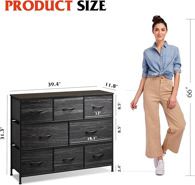 WLIVE 8 Drawer Dresser for Bedroom, Fabric Black Dresser with Large Storage Drawer Unit for Entryway, Chest of Drawers for Living Room