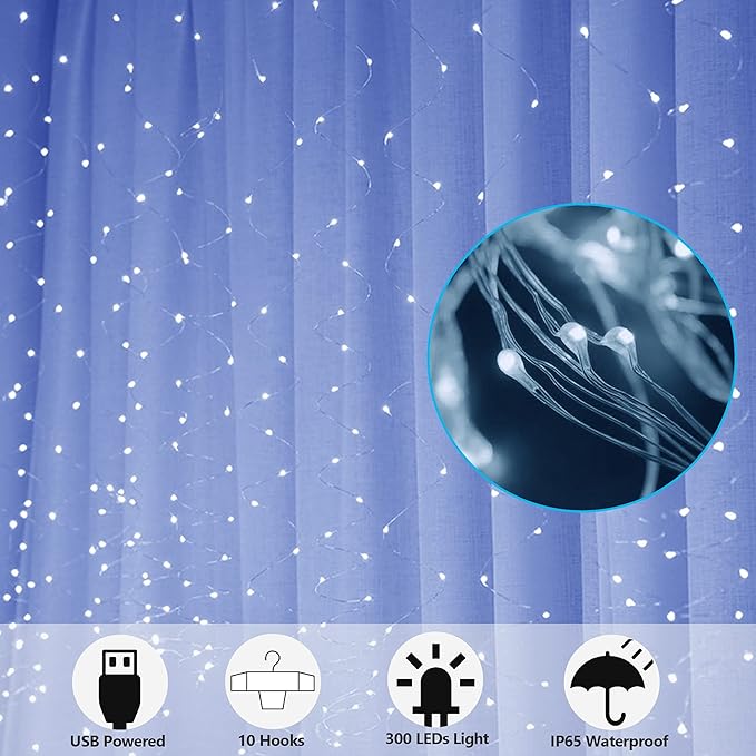 HOME LIGHTING Window Curtain String Lights, 300 LED 8 Lighting Modes Fairy Copper Light with Remote, USB Powered Waterproof for Christmas Bedroom Party Wedding Home Garden Wall Decorations, Cool White