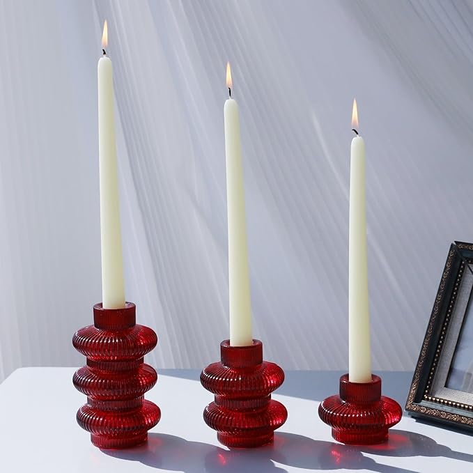 VOHO 12pcs Ribbed Taper Candle Holders for Table Centerpiece, Romantic Red Glass Candle Holder for Anniversary Wedding Decor, Double-Sided Red Tapered Candlestick Holders for Tealight & Taper Candles