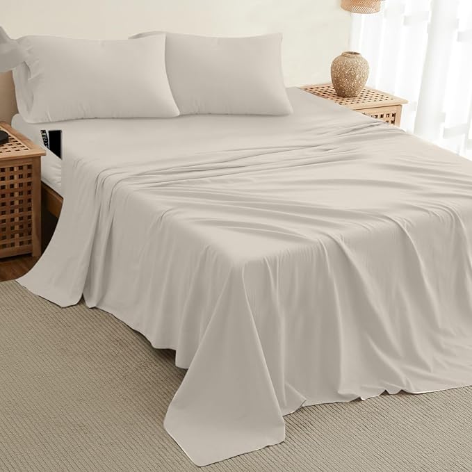 DREAMCARE Twin XL Sheet Sets - 4pc Cooling Sheets XL Twin Sheets - up to 21” Deep Pocket – Hotel Luxury Extra Long Twin XL Bed Sheets 100% Brushed Microfiber with Side Pocket - Ivory