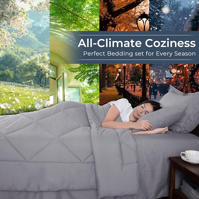 HEVUMYI Light Grey 120x98 Oversized King Comforter Set - 7-Piece All Season Bed in a Bag Oversized King, Ultra Soft Bedding Set with Comforter, Flat Sheet, Fitted Sheet, Pillowcases, Pillow Shams
