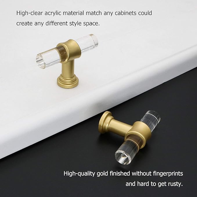 LONTAN 30 Pack Acrylic Kitchen Cabinet Knobs Gold Drawer Knobs Modern T Bar Clear Cabinet Door Handles White Kitchen Hardware for Dresser Bathroom,Zinc Alloy Base