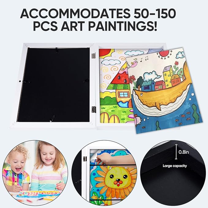 Kids Artwork Frame - Changeable Front Opening, Holds 150 Art Projects, 8.5x11 Picture Display With Storage (White)