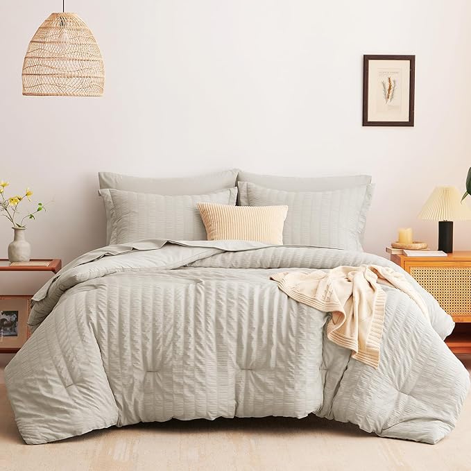 CozyLux Queen Comforter Set Beige Seersucker 7 Pieces Bed in a Bag Queen Comforter Set with Sheets, Luxury Soft Bedding Set with Down Alternative Comforter, Sheets, Pillowcases & Shams for All Seasons
