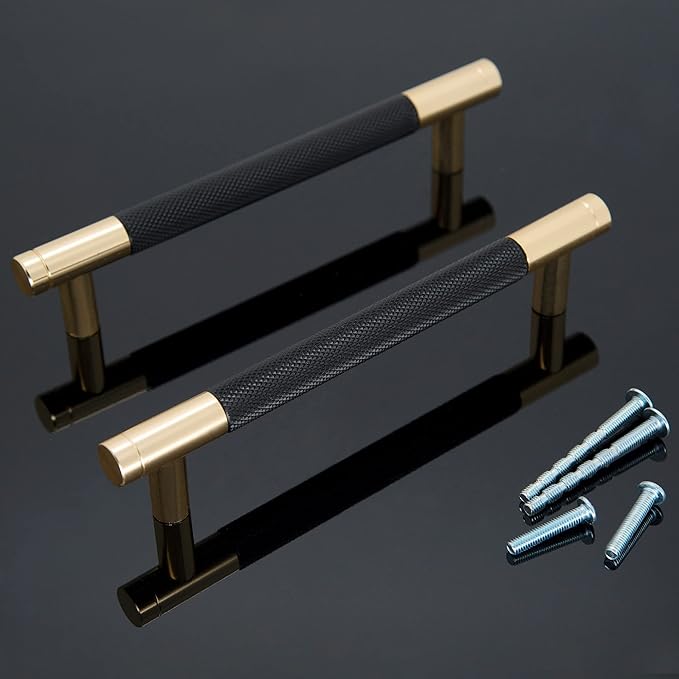 Knurled Cabinet Pulls 6 Pack, 6 Inch Long Cabinet Handles Metal Door Pulls, Kitchen Drawer Pull Knurled Dresser Handles - 5" Hole to Hole, Black & Gold