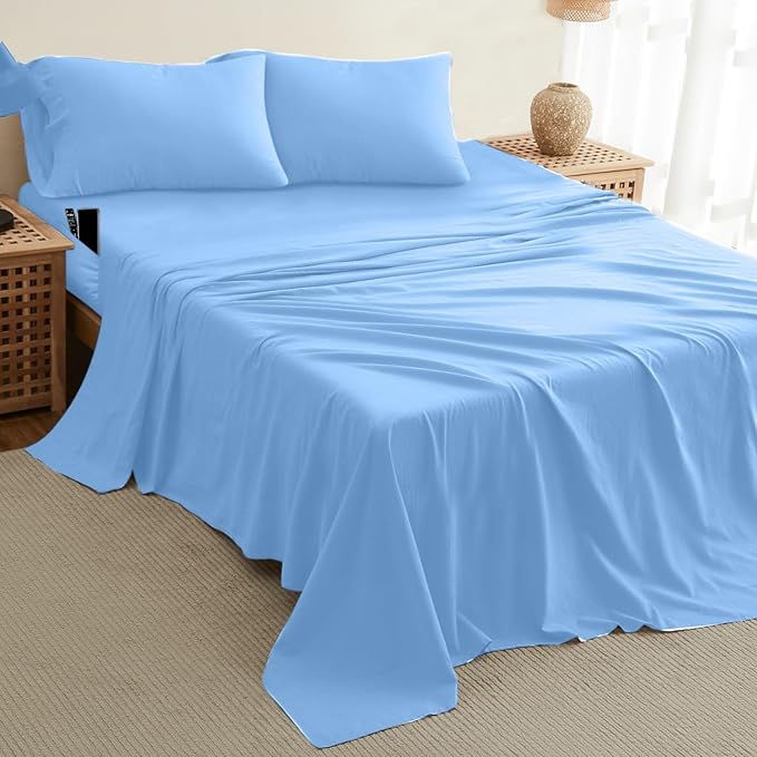 DREAMCARE California King Sheet Sets – 4 pcs Cooling Sheets – up to 21” Deep Cal King Sheets – Hotel Luxury Pillowcases – Superior Softness 100% Fine Microfiber with Side Pocket – Light Blue