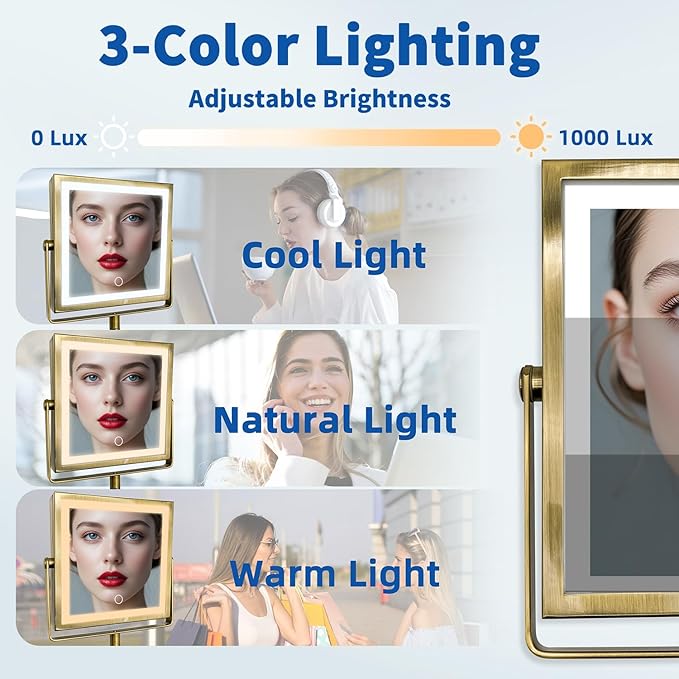 Ruacq Rechargeable Wall Mounted Makeup Mirror with Lights, Double Sided 1X/10X Magnifying Vanity Mirror with 3 Color Lights, Touch Screen Dimmable, 360° Rotation Extension Foldable Arm(Antique Brass)