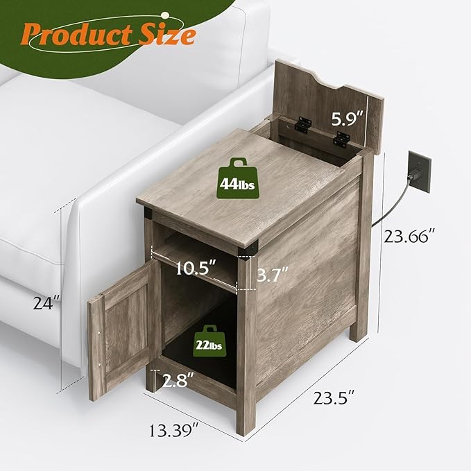WLIVE Farmhouse End Table Set of 2 with Charging Station, Narrow Side Tables Living Room, Bedroom, Couch with USB Ports and Outlets, Wood Nightstand Sets with Storage, Greige