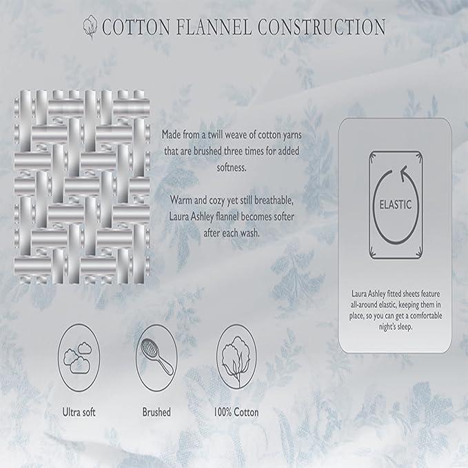Laura Ashley - Flannel Sheets Twin Size, Anti-Pilling & Wrinkle Resistant Cotton, Touchably Soft for All-Season Comfort - Bed Sheets with Matching Pillowcase & Fitted Sheet (Vanessa Blue)
