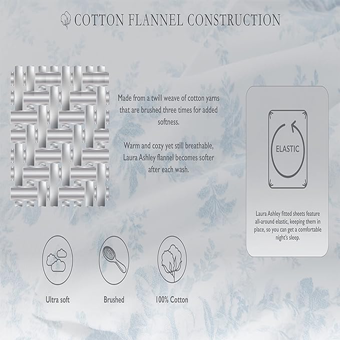 Laura Ashley - Flannel Sheets Twin Size, Anti-Pilling & Wrinkle Resistant Cotton, Touchably Soft for All-Season Comfort - Bed Sheets with Matching Pillowcase & Fitted Sheet (Rosalie Grey)