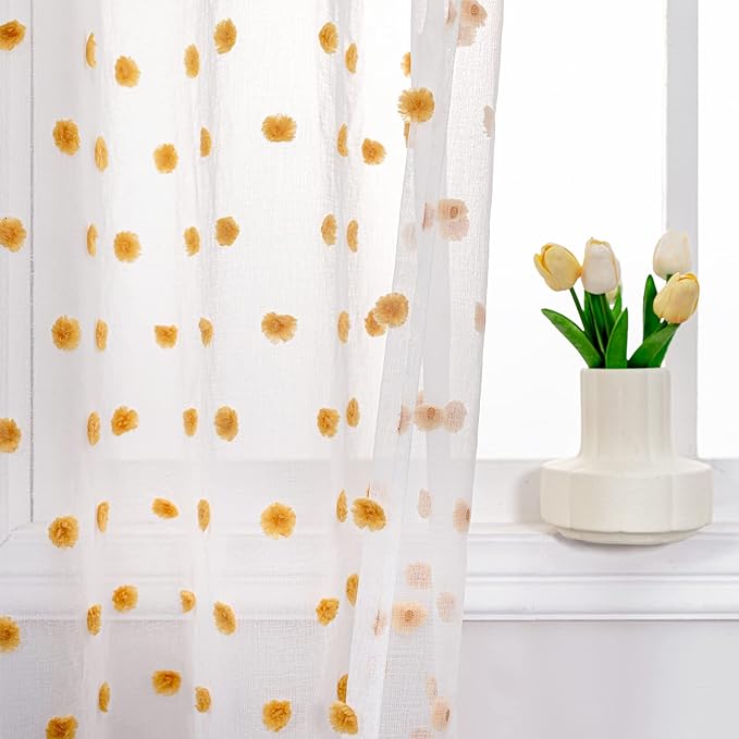 MYSKY HOME Short Curtains for Bedroom 54 Inches Long Burnt Orange Pom Pom White Sheer Curtains Kitchen Bathroom Nursery Boys Kids Room Rod Pocket 2 Pieces Small Window 52" x 54"