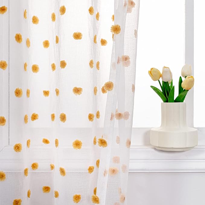 MYSKY HOME Orange Pom Pom Sheer Curtains for Girls Bedroom & Nursery - 72 Inch Long, 2 Panels, Light Filtering, Rod Pocket, Semi Window Drapes - 52 x 72 inch