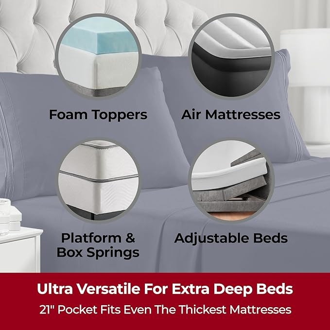 Mellanni Extra Deep Split King Sheets - 5 PC Iconic Collection Bedding - Hotel Luxury, Ultra Soft, Cooling Bed Sheets - Wrinkle, Fade, Stain Resistant (Split King, Navy Blue)