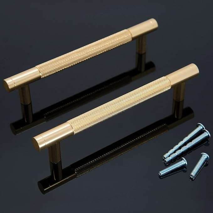 Knurled Cabinet Pulls 6 Pack, 6 Inch Long Cabinet Handles Metal Door Pulls, Kitchen Drawer Pull Knurled Dresser Handles - 5" Hole to Hole, Golden