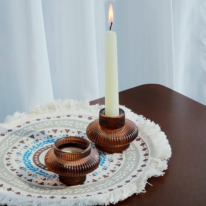 VOHO Brown Candlestick Holders Set of 6, Old Fashioned Candle Sticks Holder Decor for Daily Room/Halloween/Thanksgiving Party, Double Side Taper Candle Holders for Candlesticks/Tealight Candles(Brown)
