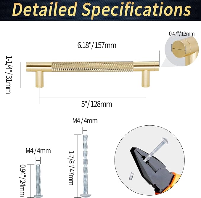 Knurled Cabinet Pulls 12 Pack, 6 Inch Long Cabinet Handles Metal Door Pulls, Kitchen Drawer Pull Knurled Dresser Handles - 5" Hole to Hole, Golden