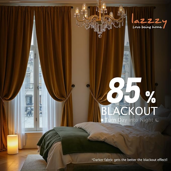 Lazzzy Velvet Blackout Curtains Thermal Insulated Room Window Drapes Super Soft Luxury Curtains for Living Room Bedroom Rod Pocket 2 Panels, Gold Brown, 42" W x 96" L