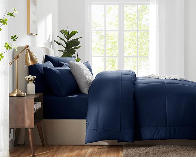 CozyLux King Size Comforter Set Navy Blue, 7 Pieces Bed in a Bag, Navy Blue Comforter King Size, All Season Bedding Sets with Stitch Quilted Comforter, Flat Sheet, Fitted Sheet, Pillowcases