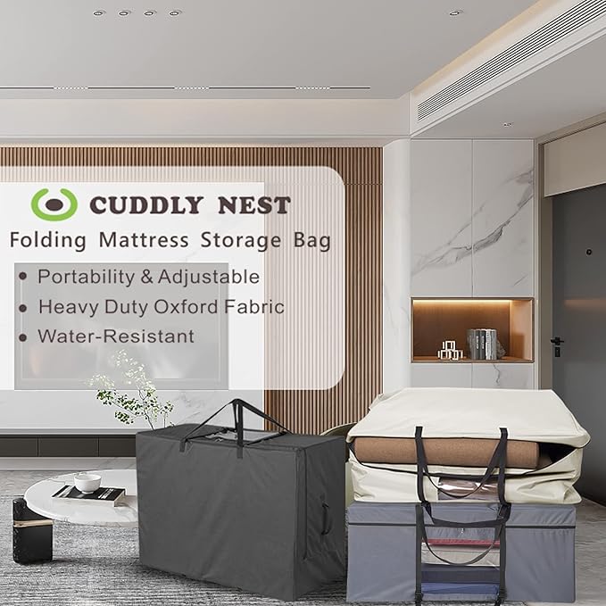 Cuddly Nest Folding Mattress Storage Bag - Heavy Duty Carry Case for Tri-Fold Guest Bed (Fits 4" Full Mattress, Black)