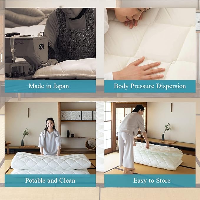 EMOOR Japanese Futon Mattress CLASSE & Fitted Sheet PRESSO Queen Made in Japan, Cotton (Gray) Foldable Floor Sleeping Bed Tatami Mat