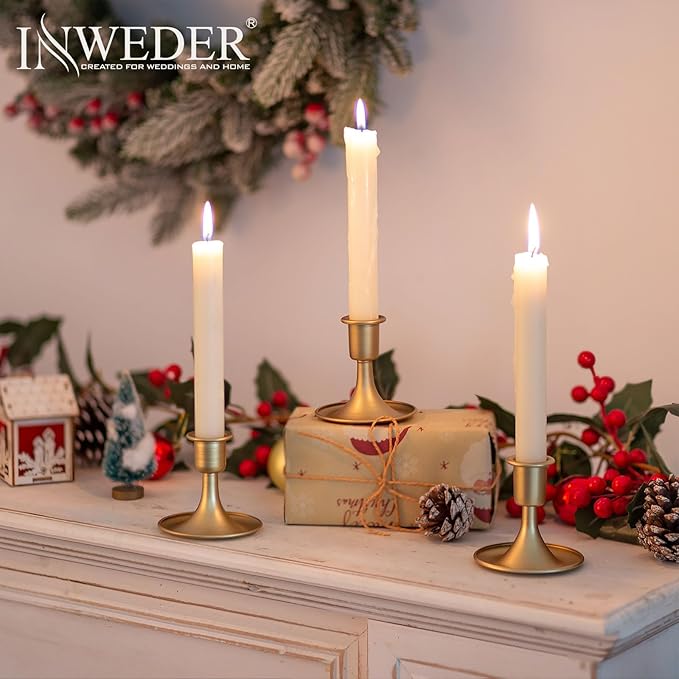 Gold Taper Candle Holder Vintage: Small Candle Sticks Holder Decor Brass Candlestick Holders for Home Dinning Table Wedding Centerpiece Holiday Party Chrismas Mantel Set of 2