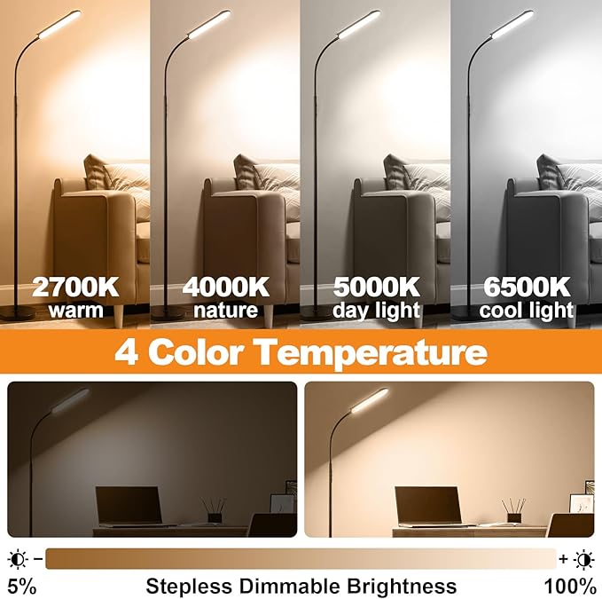 Floor Lamp 2 Pack, 18W 1800LM Bright LED Floor Lamp with 2 Remotes & Works with Smart Plug, Dimmable Timing Eye Caring Standing Reading Floor Lamps for Living Room Bedroom Office
