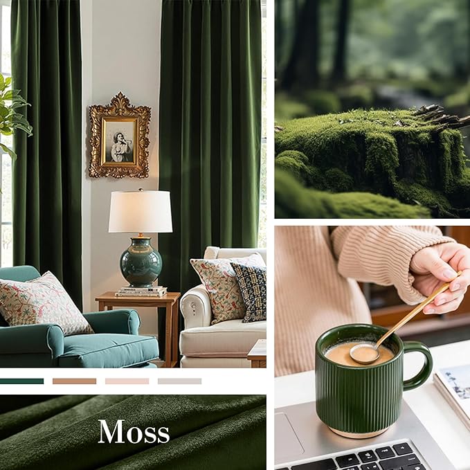 Lazzzy Velvet Blackout Curtains Thermal Insulated Room Window Drapes Super Soft Luxury Curtains for Living Room Bedroom Rod Pocket 2 Panels, Moss, 52" W x 84" L