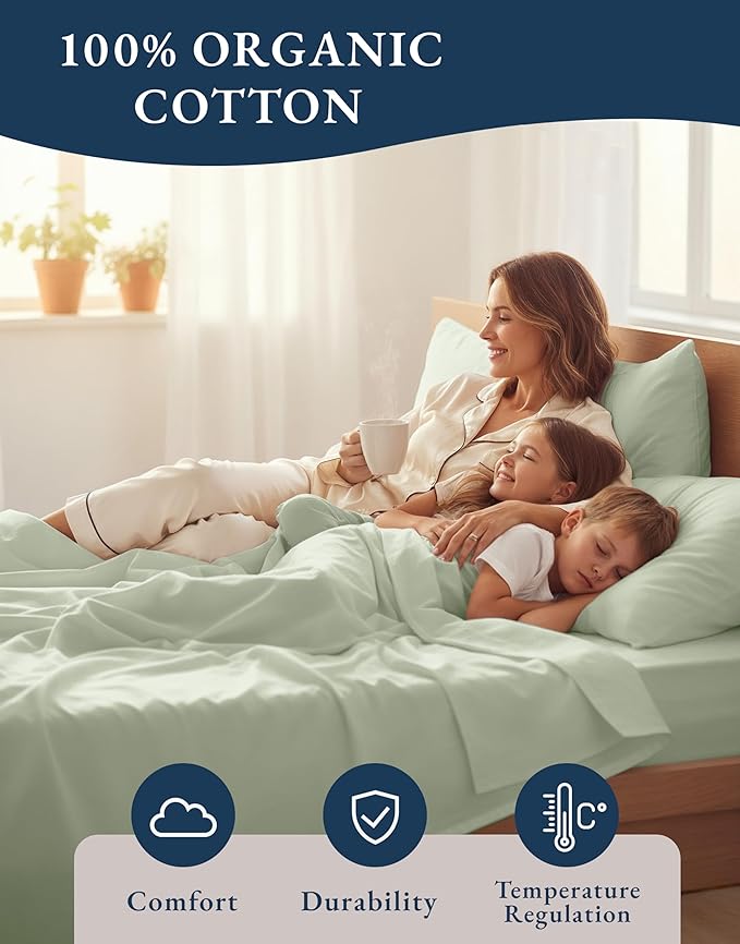 LANE LINEN 100% Organic Cotton Sheets Queen Size Bed Set, Machine Wash Eco Friendly Sustainably Produced Cotton Queen Sheet Set, Soft & Comfy Long Stabple Naturally Cooling Sheets– Mineral