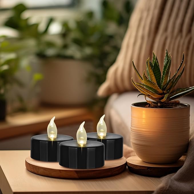 Battery Operated LED Tea Lights: 50PACK Flameless Votive Candles Lamp Realistic and Bright Flickering Holiday Gift Long Lasting 200Hours for Seasonal & Festival Celebration Black