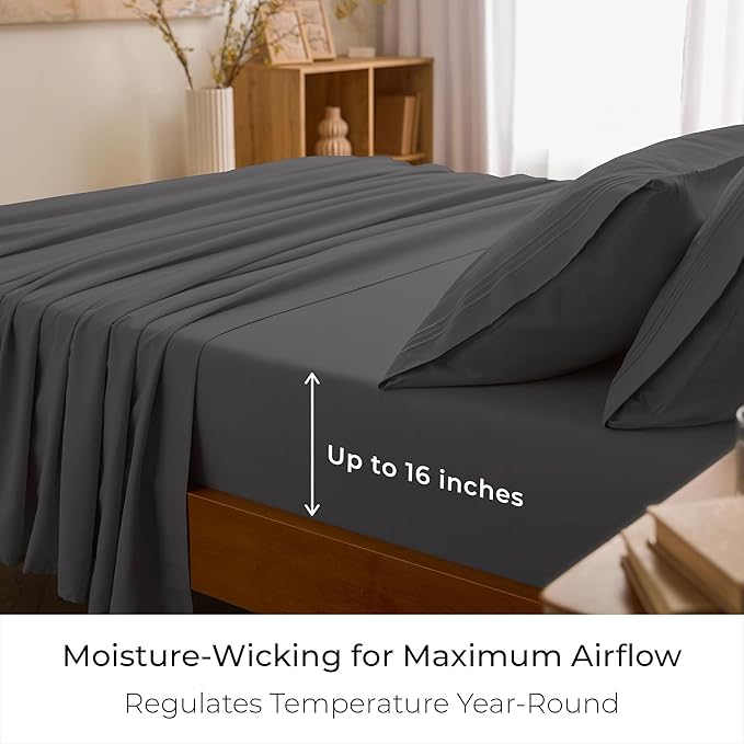 Mellanni Queen Sheets Set - 4 PC Iconic Collection Bedding - Hotel Luxury, Extra Soft, Cooling Bed Sheets - Wrinkle, Fade, Stain Resistant (Queen, Gray)