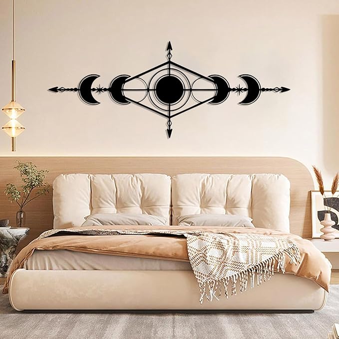 Hfrolixit Moon Phase Metal Wall Decor, Boho Moon Metal Wall Art, Celestial Wall Decor, Scandinavian Natural Wall Art, Astrology Wall Hanging (Silver, 24"x9"/60x24cm)