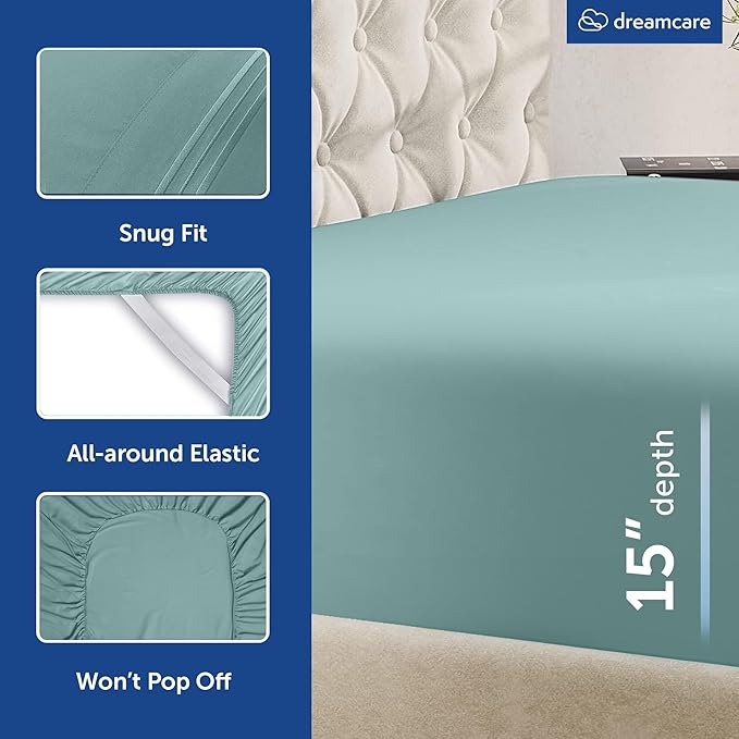 DREAMCARE Queen Sheet Set – 6 pcs Cooling Bed Sheets – up to 15” Deep Sheets Queen Size Bed Set – 2500 Supreme Collection – Extra Soft 100% Brushed Microfiber Hotel Luxury with Side Pocket – Spa Blue
