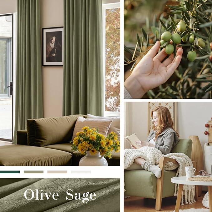 Lazzzy Velvet Blackout Curtains Thermal Insulated Room Window Drapes Super Soft Luxury Curtains for Living Room Bedroom Rod Pocket 2 Panels, Olive Sage, 62" W x 96" L