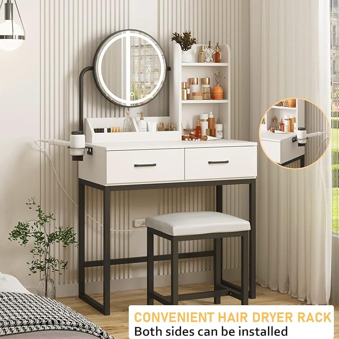 Makeup Vanity Desk with Mirror and Lights, Cute Vanity Makeup Table, Small Vanity Table for Bedroom with Lots Storage, 3 Lighting Modes, 31.5in(L)