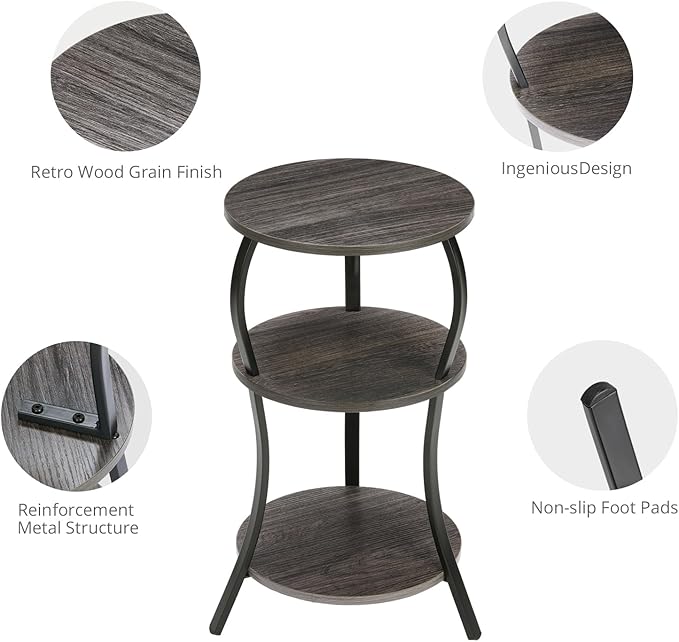 Vintage Small Round Side Table, 3-Tier Slim Waist Circular End Table with Storage Shelf, Compact Tea Sofa Side Table, Round Corner Coffee Table Nightstand for Living Room Bedroom Small Spaces,Grey