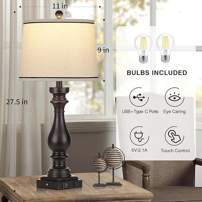 27.5" Farmhouse Table Lamp for Living Room,Vintage Bedside Nightstand Lamp with USB C+A Ports & AC Outlet,3-Way Dimmable Touch Control Retro Black Desk Lamp for Bedroom,Single Black