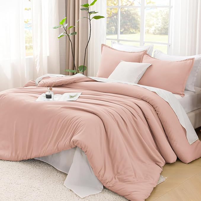 Litanika Pink Comforter Set Full Size for Girls, 3 Pieces Blush Women Plain Bedding Comforter Set, All Season Bed Set (79x90In Comforter & 2 Pillowcases)