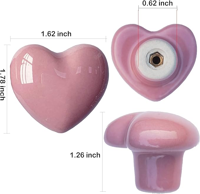 Ceramic Drawer Knobs Heart Shape Cabinet Dresser Pulls Handles with 3 Sized Screws, Kitchen Furniture Knobs for Closet Cupboard Wardrobe (10 Pack, Pink)
